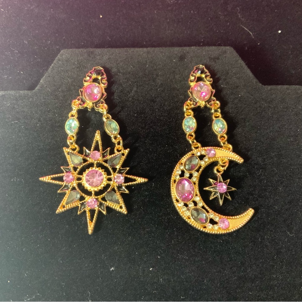 Celestial Moon and Stars Rhinestone Dangle Earrings Post Back.